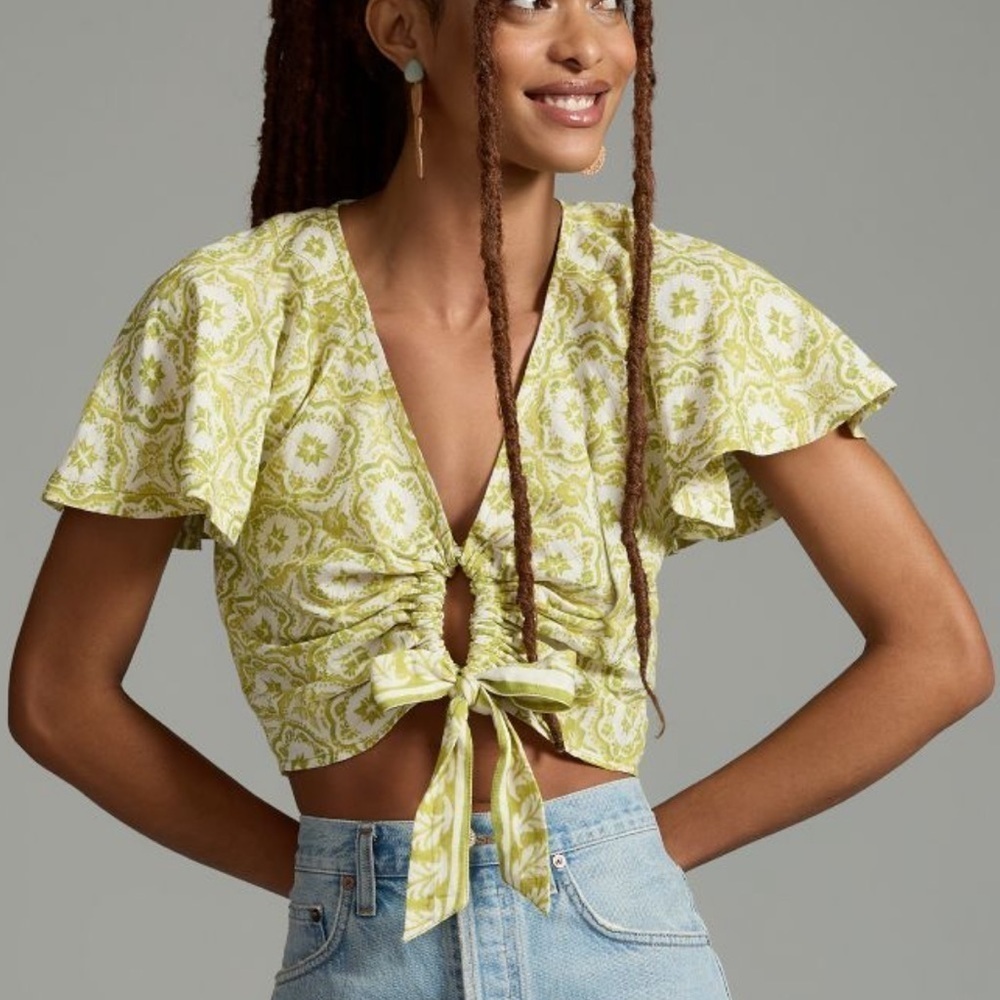 Anthropologie Green Patterned Tie-Front Flutter Sleeve Tank
